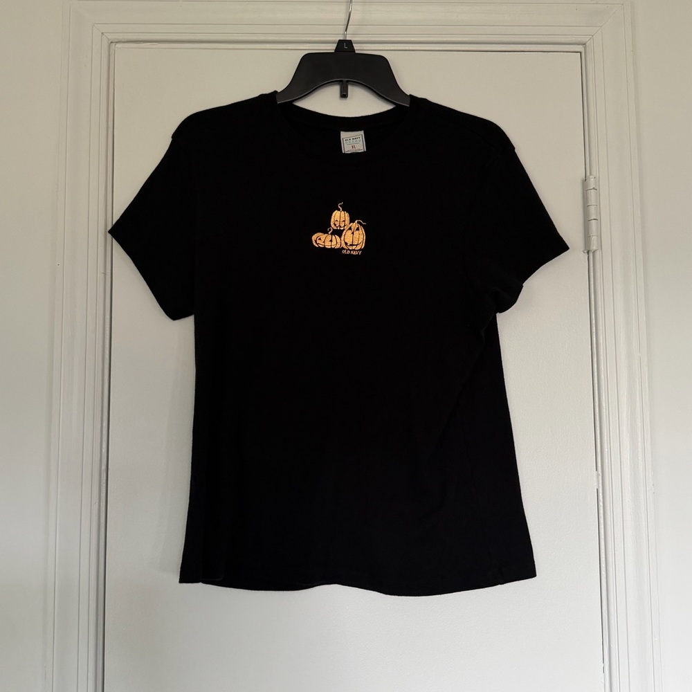 Old Navy Black Tee with Orange Foil Pumpkin Design